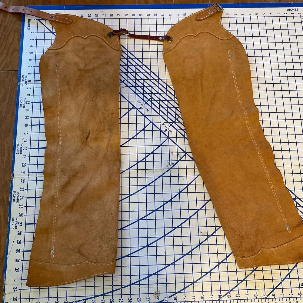 VTG 70s Roughout Leather Shotgun Chaps Talon Ideal Zipper American Cowboy Rodeo